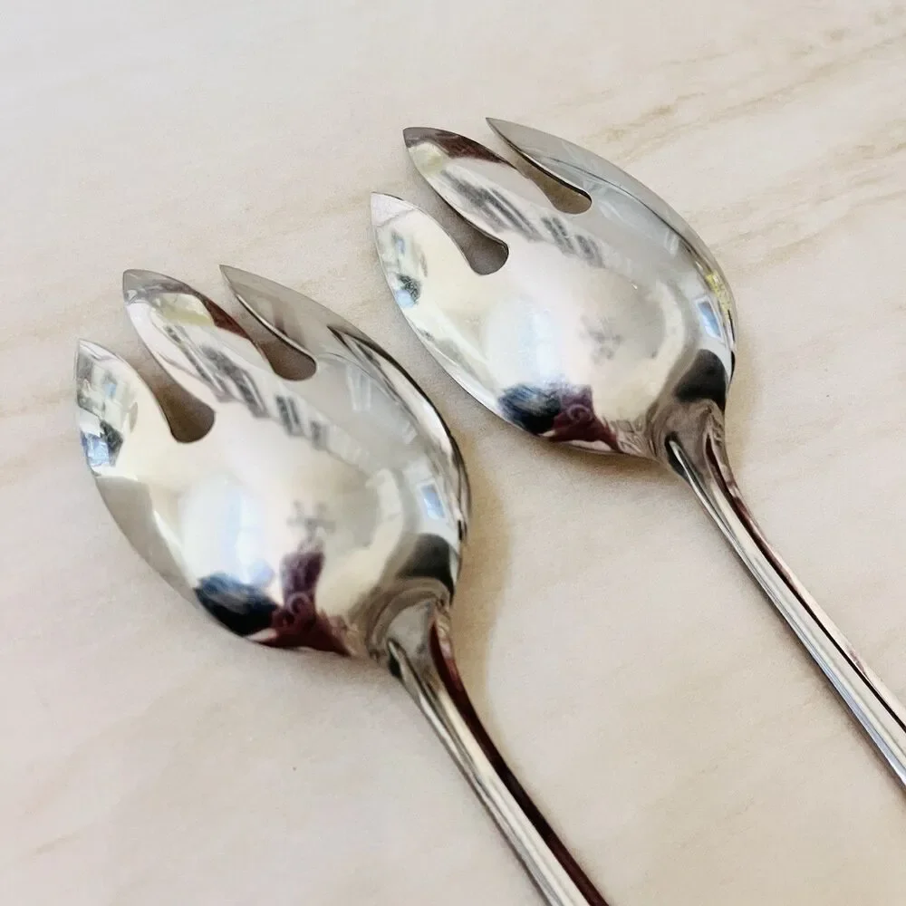 Pair of EKCO EKS7 3TINE Stainless Pierced Tablespoon Serving Spoon Glossy USA